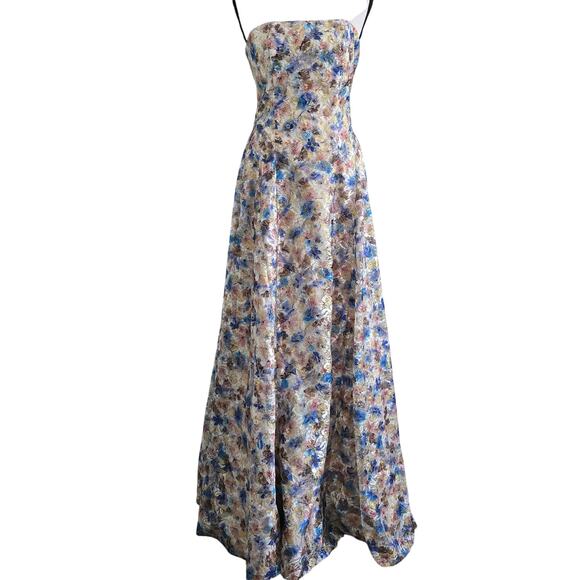 Alice + Olivia Strapless Floral Gown Dress Sz 4 Metallic Formal Evening Wedding - Picture 3 of 14